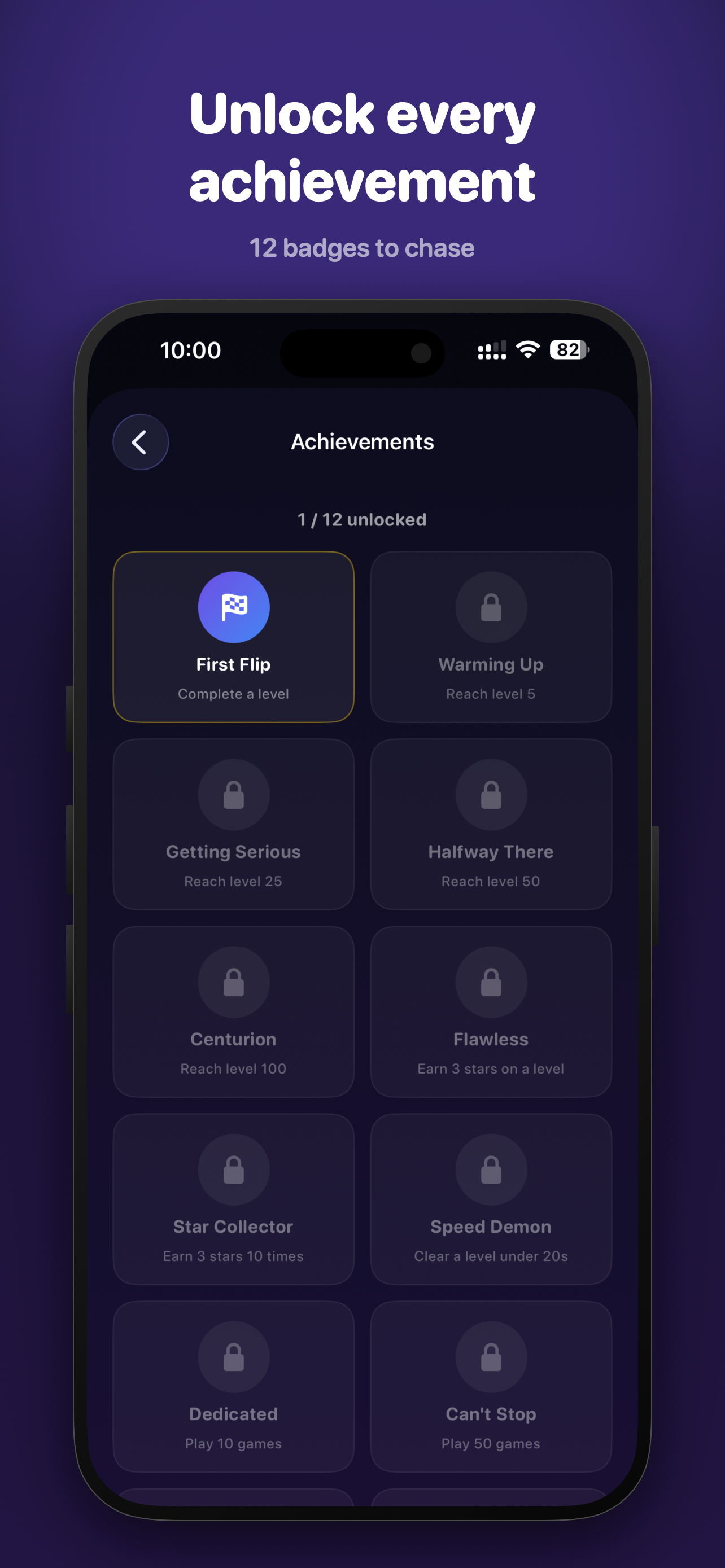FlipWell Achievements screen showing 12 badges, with First Flip unlocked and others locked with their requirements