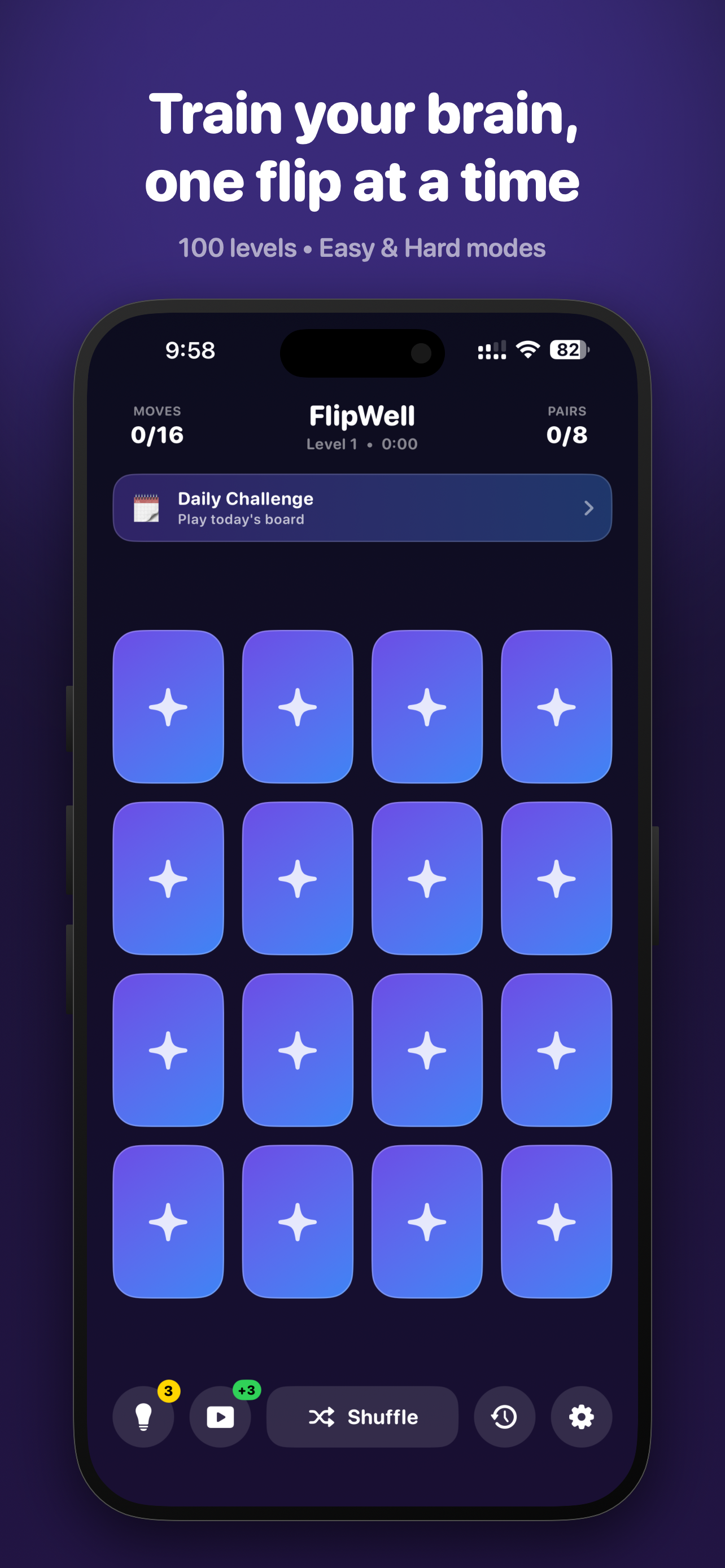 FlipWell game board with a 4x4 grid of face-down cards, a moves and pairs header, and a Daily Challenge banner
