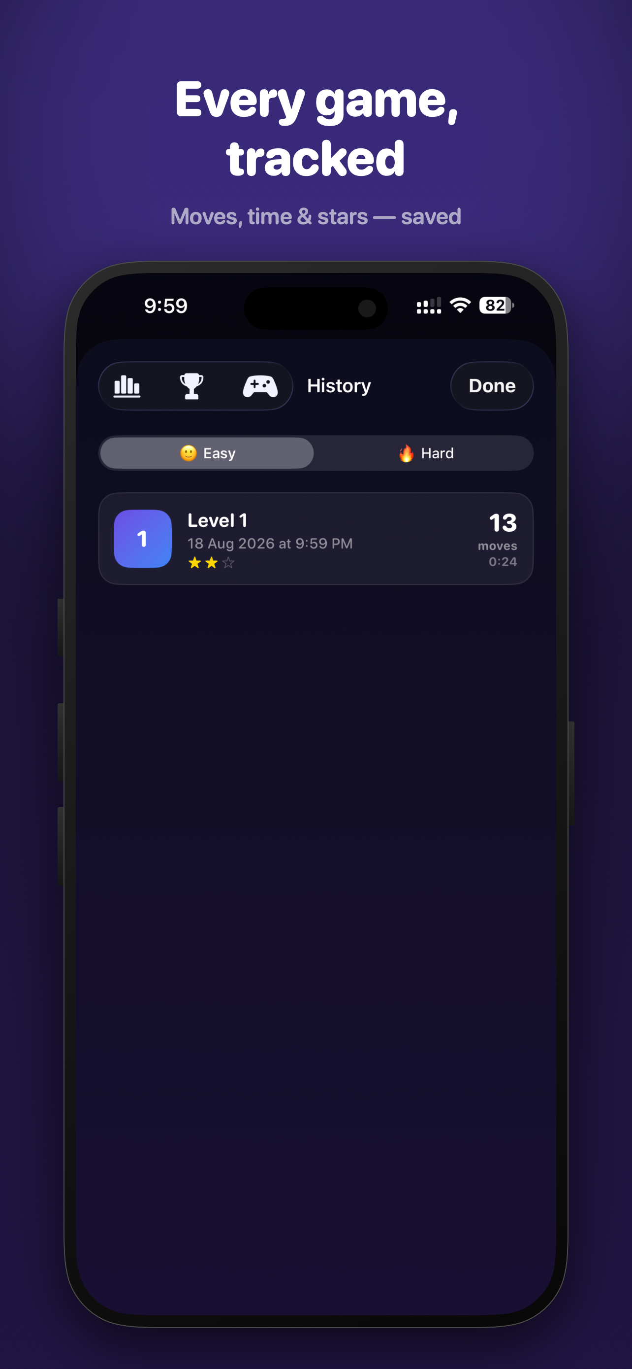 FlipWell History screen with an Easy/Hard toggle and a saved game entry showing level, date, moves, time and stars