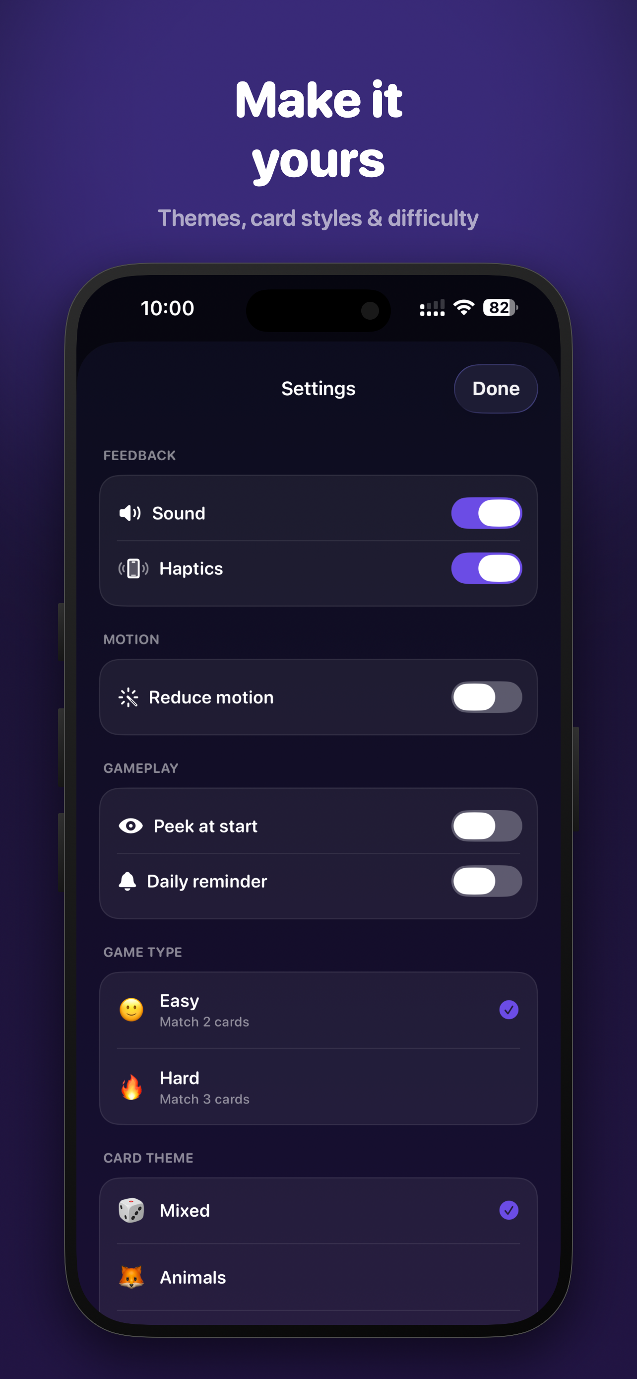 FlipWell Settings screen with sound, haptics, reduce motion, gameplay toggles, Easy/Hard difficulty and card themes