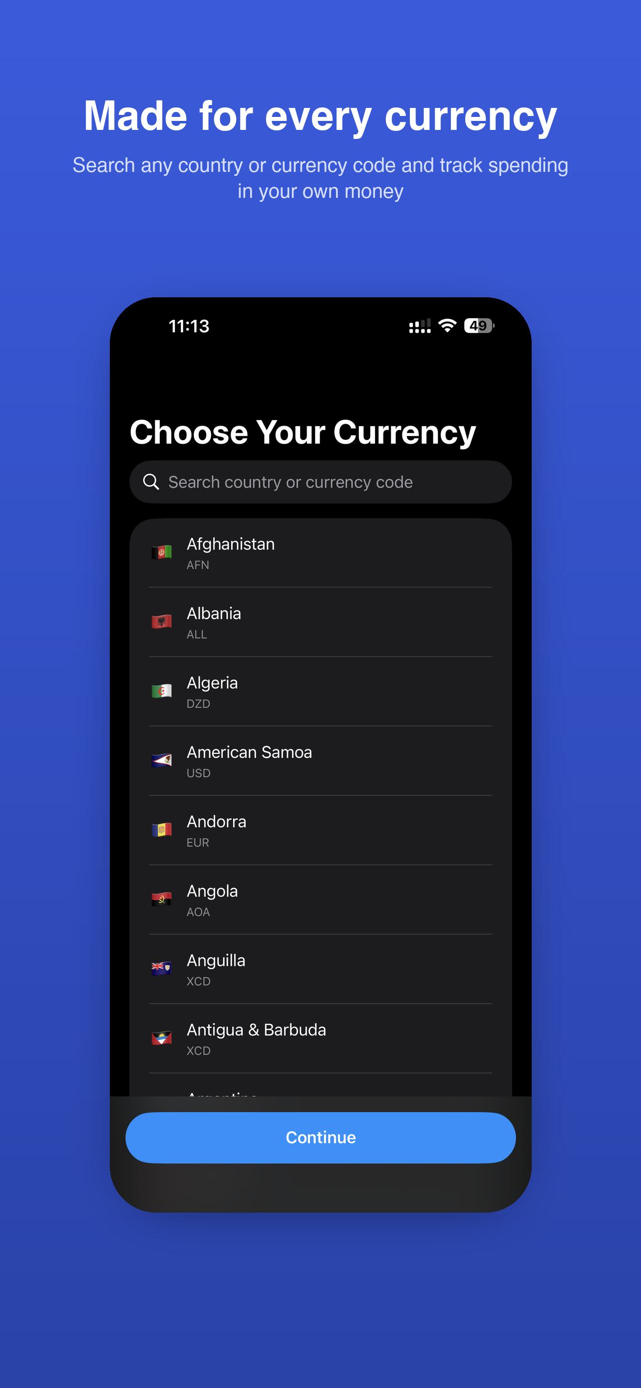 Amounta Choose Your Currency onboarding screen with a searchable, flag-labeled list of countries and currency codes