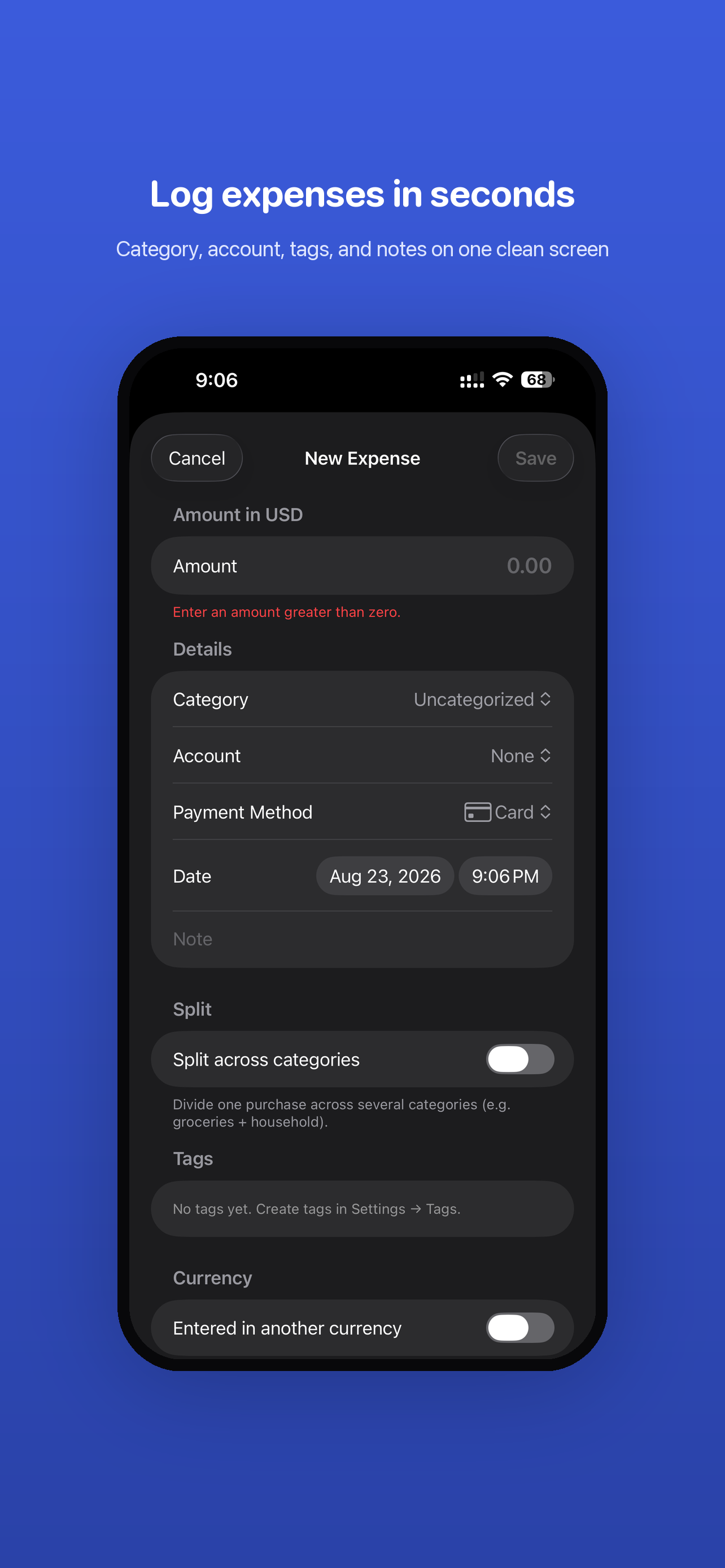 Amounta New Expense form with amount, category, account, payment method, date, split toggle, tags and currency options